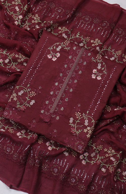 Burgundy Grace Unstitched Embroidered Ensemble